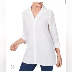 FOXCROFT 100% Linen Non-Iron Tunic Buttondown Blouse White 6 Relaxed Travel
